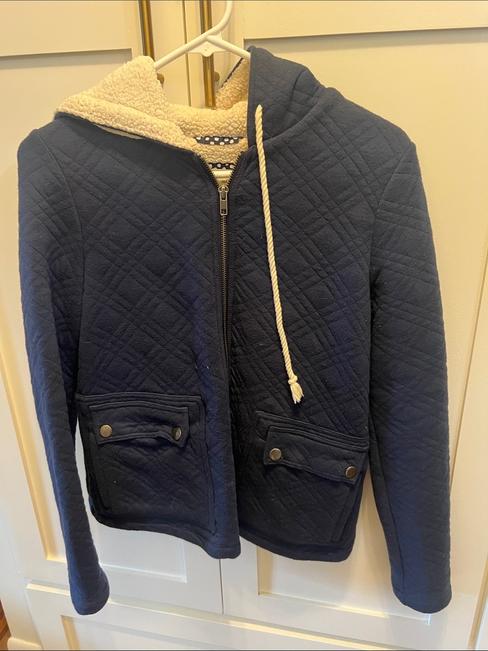 Anthropologie Quilted Navy Hooded Zip-Up Jacket with Sherpa Lining